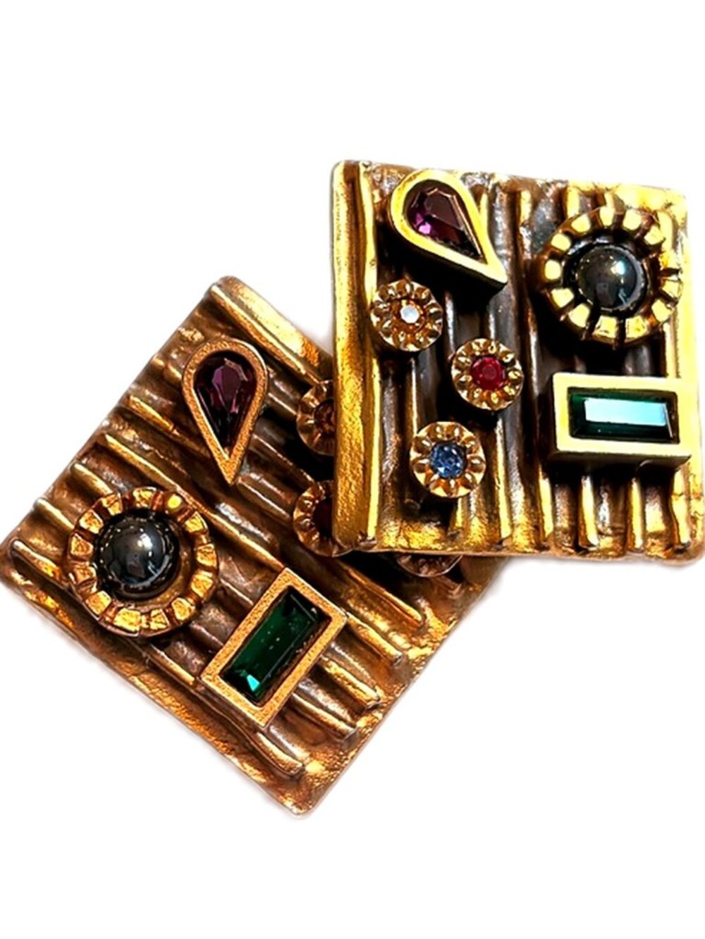Patricia Locke Modernist Brutalist Clip-on Earrings Gold Tone Swarovski Crystals